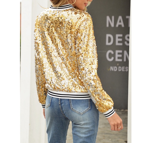 New Women’s Sequin Jackets Sparkle Long Sleeve Zipper Bomber Jacket Lightweight - Picture 2 of 3
